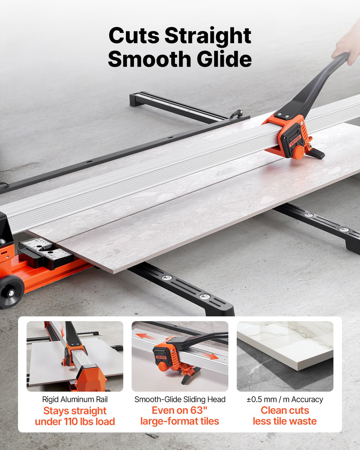 VEVOR 63-Inch Manual Tile Cutter, Upgraded Rail and Sliding Head, Precision Alignment Guide, Tungsten Carbide Cutting Wheel, Support Legs with Swivel Wheels, for DIY Pros, Ceramic, Floor, Wall Tiles - GDDZDGHHDTSJKE91I001V0 - view 3