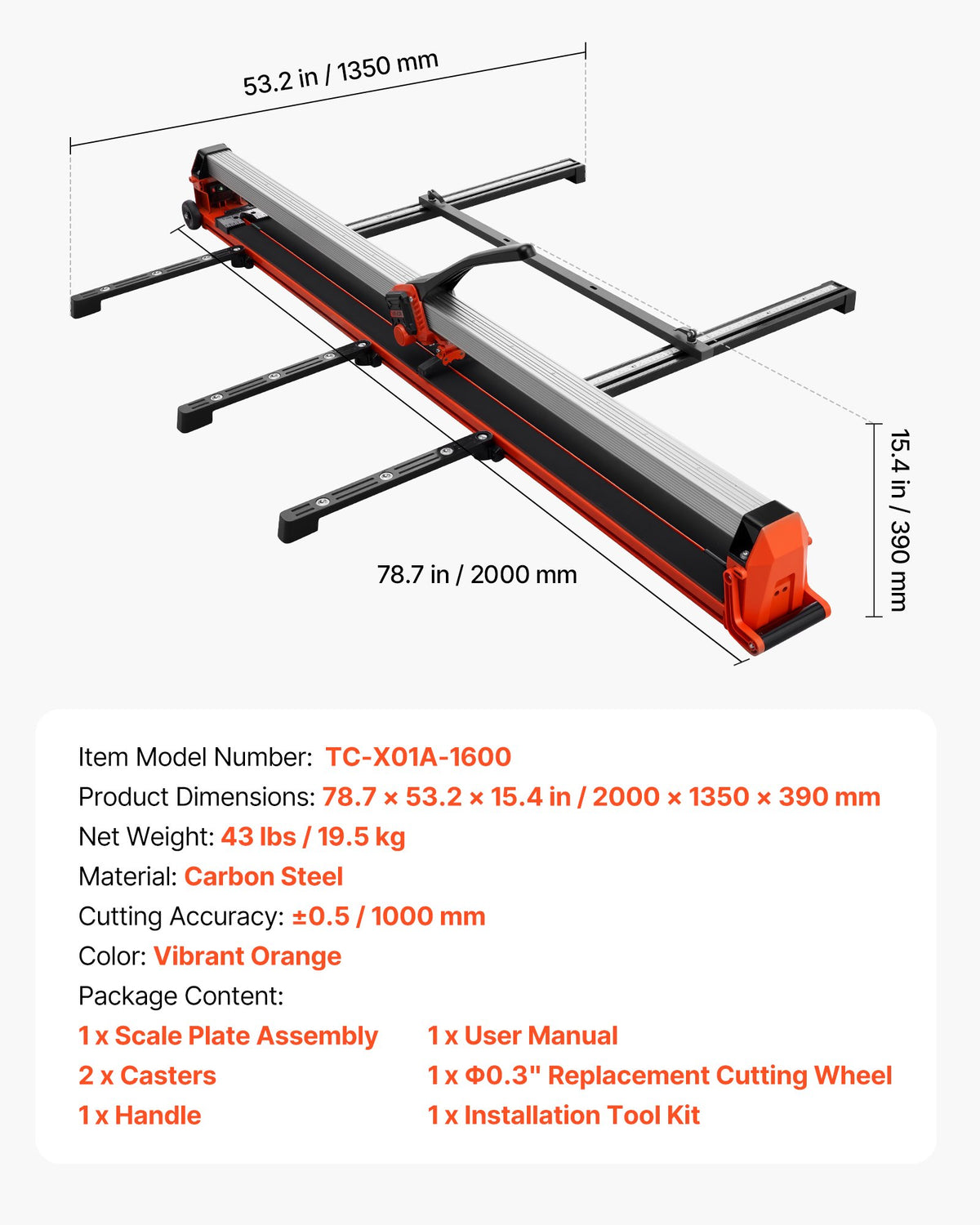 VEVOR 63-Inch Manual Tile Cutter, Upgraded Rail and Sliding Head, Precision Alignment Guide, Tungsten Carbide Cutting Wheel, Support Legs with Swivel Wheels, for DIY Pros, Ceramic, Floor, Wall Tiles - GDDZDGHHDTSJKE91I001V0 - view 8