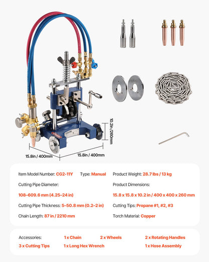 VEVOR CG2-11Y Manual Pipe Cutting Machine, 0.2"-2" Thick Pipe Beveling Machine with 82-in Chain, 0°-45° Adjusted Angle Gas Cutting Machine with 3 Tips, Portable Torch Beveling Gas Cutter - GDGJJSDGDGJJM7AZX001V0 - view 8