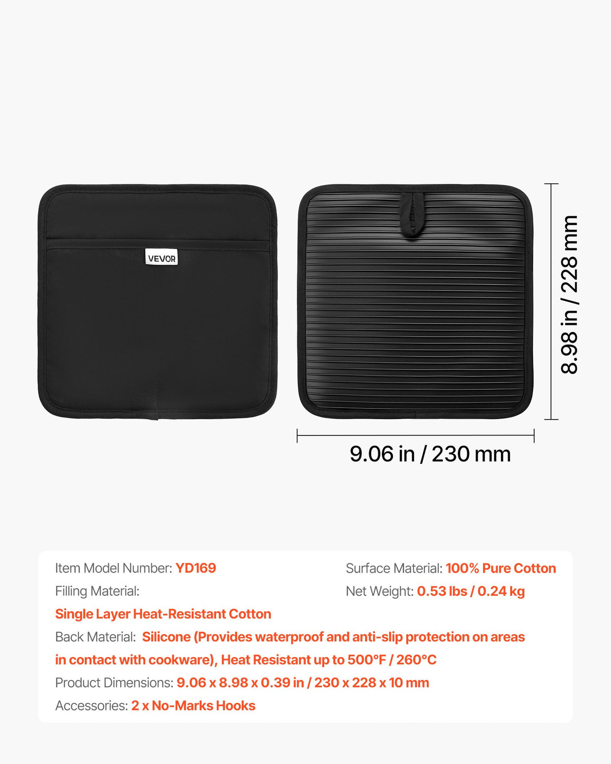 VEVOR Pot Holders, Heat Resistant to 500°F with Ribbed Soft Anti-Slip Silicone Strips, 100% Cotton 9.06 x 8.98 inch Hot Pads with 2 No-Marks Hooks, Washable Pot Trivets for Kitchen & Barbeque, 2 Pack - GDGJM2JT0000DXMLM001V0 - view 8
