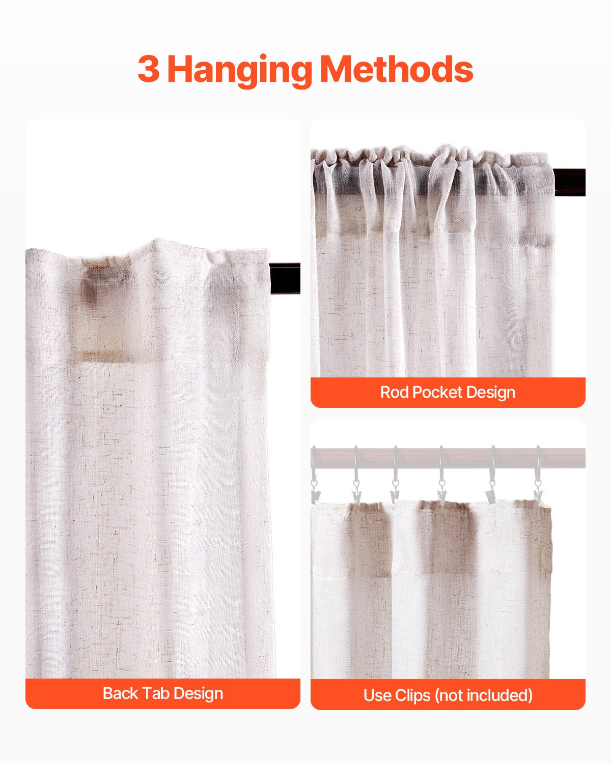 VEVOR Natural Linen Curtains, 52 x 84 inch 2 Panels Set, Semi Sheer Light Filtering Flax Textured Linen Drapes, Rod Pocket Back Tab Design, for Modern Farmhouse, Living Room, Bedroom Window Curtain - GDHLHLGCLYMHSPVA5001V0 - view 4