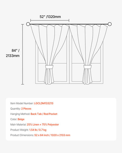 VEVOR Natural Linen Curtains, 52 x 84 inch 2 Panels Set, Semi Sheer Light Filtering Flax Textured Linen Drapes, Rod Pocket Back Tab Design, for Modern Farmhouse, Living Room, Bedroom Window Curtain - GDHLHLGCLYMHSPVA5001V0 - view 8