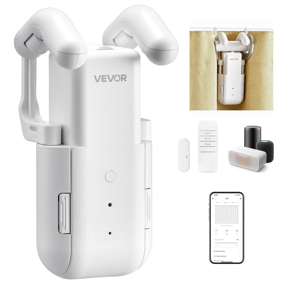 VEVOR Automatic Curtain Opener, APP and Remote Control, Hub Included, Electric Smart Curtain Opener Compatible with Alexa and Google Home, Timed Opening and Closing, Silent Mode, for Roman Rods - GDJQRLMG0000QHCOK001V9 - view 1