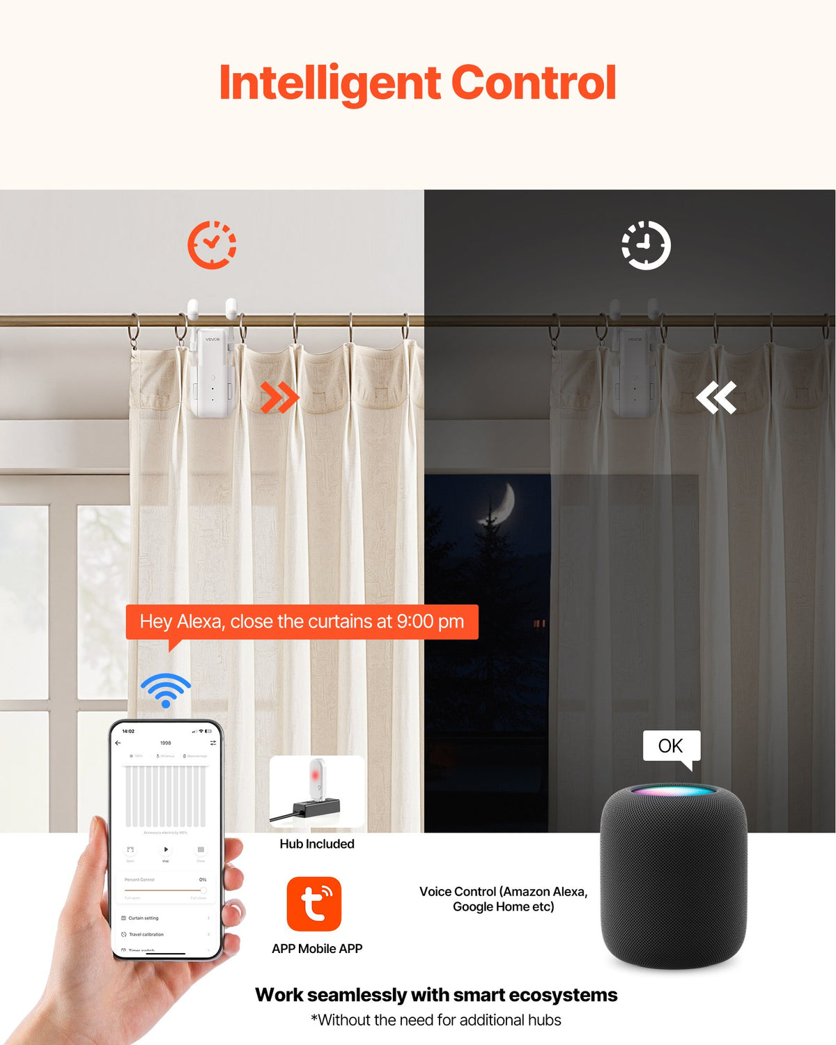 VEVOR Automatic Curtain Opener, APP and Remote Control, Hub Included, Electric Smart Curtain Opener Compatible with Alexa and Google Home, Timed Opening and Closing, Silent Mode, for Roman Rods - GDJQRLMG0000QHCOK001V9 - view 5