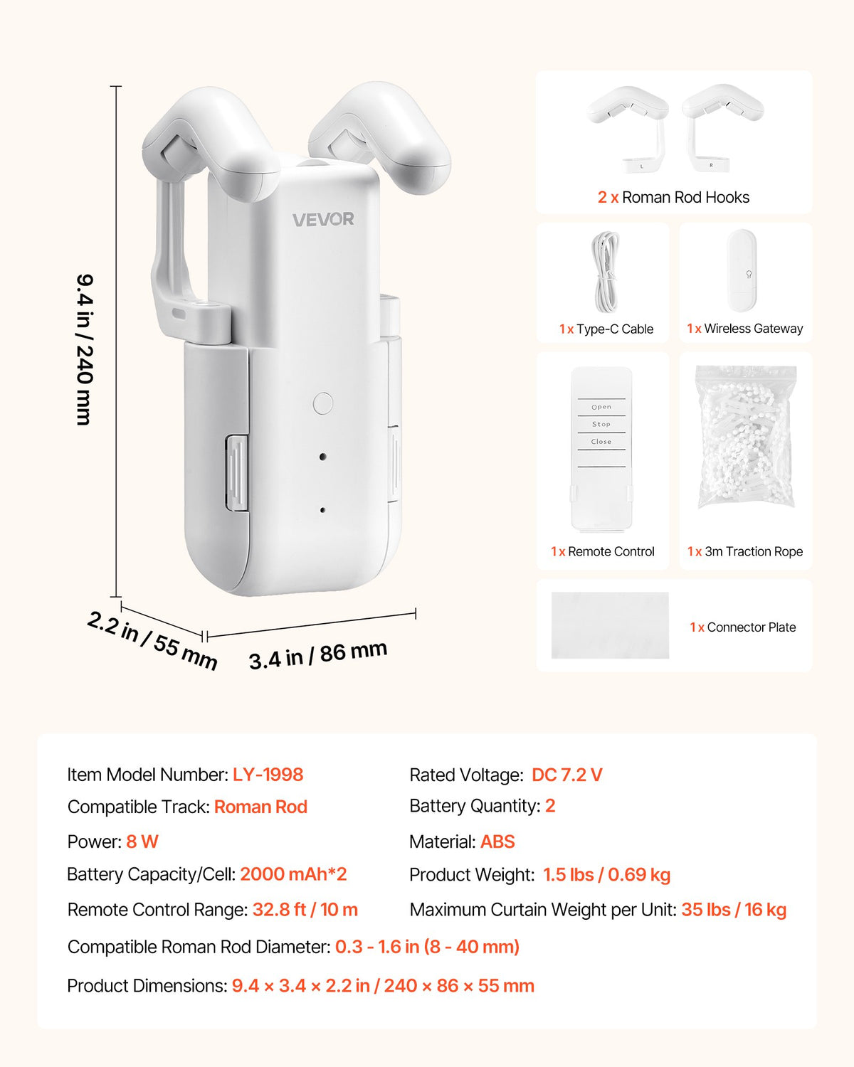 VEVOR Automatic Curtain Opener, APP and Remote Control, Hub Included, Electric Smart Curtain Opener Compatible with Alexa and Google Home, Timed Opening and Closing, Silent Mode, for Roman Rods - GDJQRLMG0000QHCOK001V9 - view 8