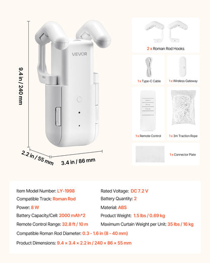 VEVOR Automatic Curtain Opener, APP and Remote Control, Hub Included, Electric Smart Curtain Opener Compatible with Alexa and Google Home, Timed Opening and Closing, Silent Mode, for Roman Rods - GDJQRLMG0000QHCOK001V9 - view 8