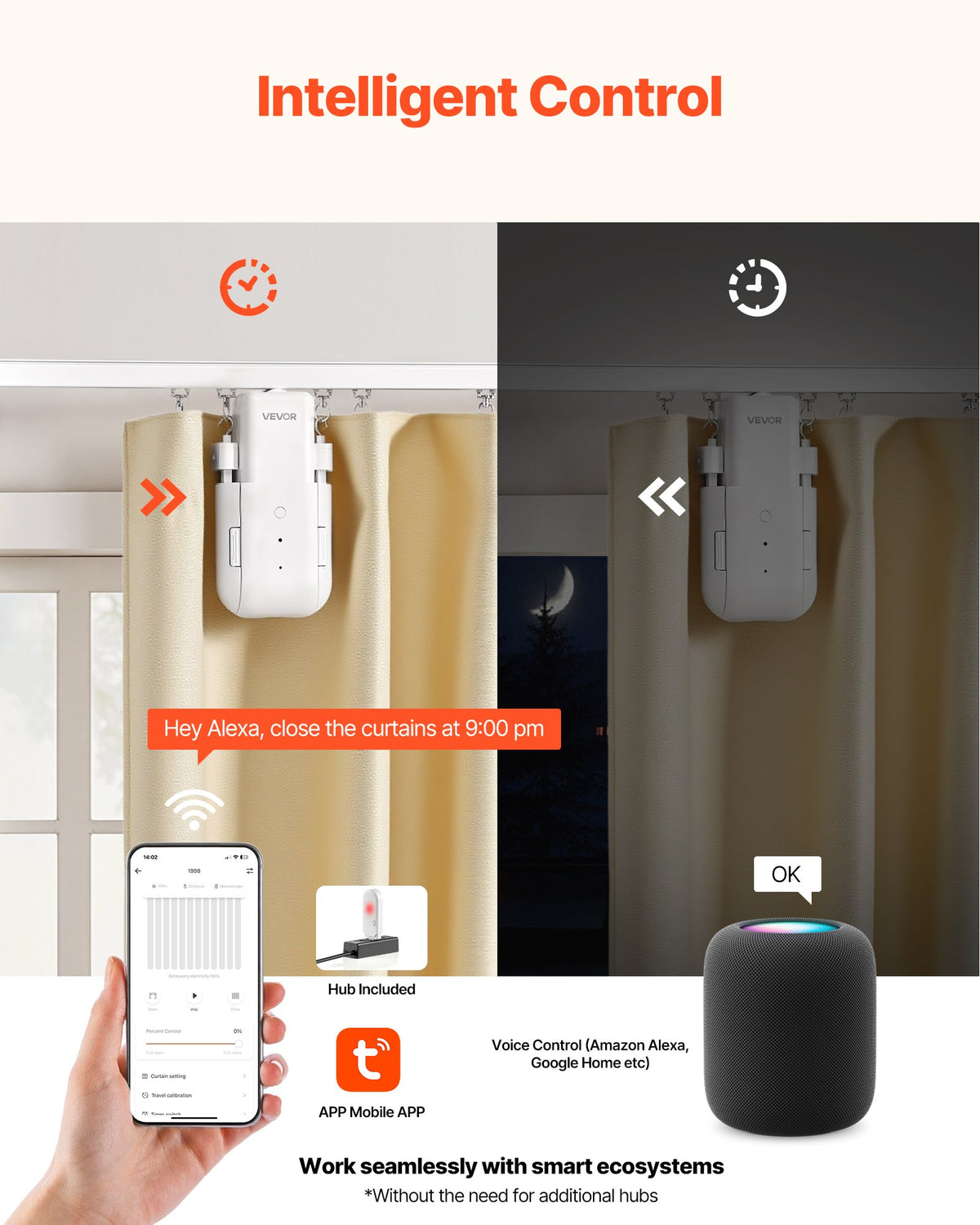 VEVOR Automatic Curtain Opener, APP and Remote Control, Hub Included, Electric Smart Curtain Opener Compatible with Alexa and Google Home, Timed Opening and Closing, for U-shaped/I-shaped Rails - GDJQRUXGTXG0UUQBQ001V9 - view 5