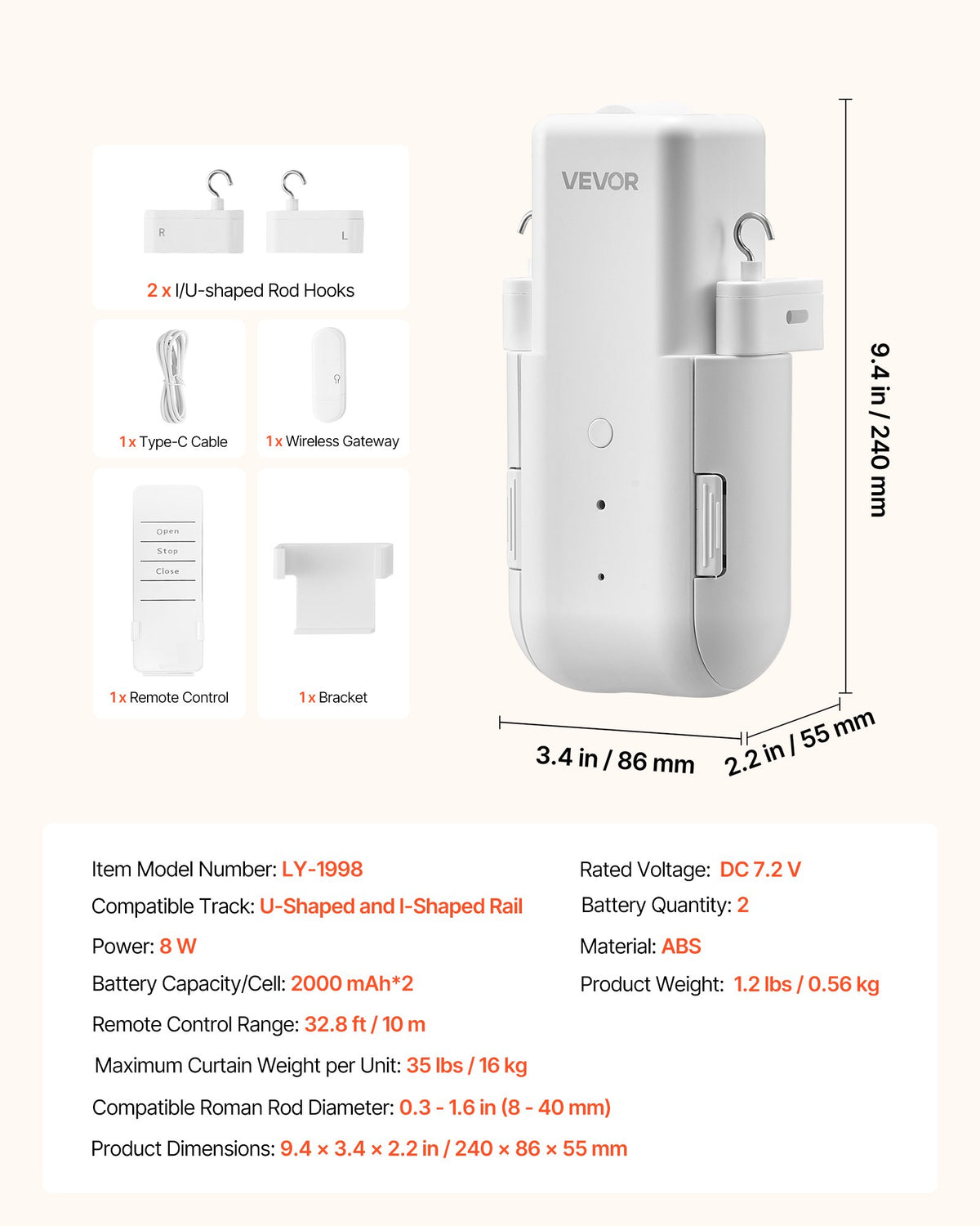 VEVOR Automatic Curtain Opener, APP and Remote Control, Hub Included, Electric Smart Curtain Opener Compatible with Alexa and Google Home, Timed Opening and Closing, for U-shaped/I-shaped Rails - GDJQRUXGTXG0UUQBQ001V9 - view 8