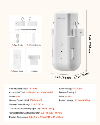 VEVOR Automatic Curtain Opener, APP and Remote Control, Hub Included, Electric Smart Curtain Opener Compatible with Alexa and Google Home, Timed Opening and Closing, for U-shaped/I-shaped Rails - GDJQRUXGTXG0UUQBQ001V9 - view 8