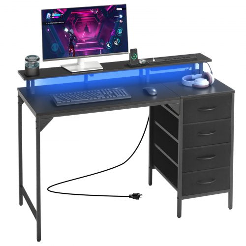 VEVOR 47" Computer Desk with LED Lights & Power Outlets, Gaming Table with 4 Large Drawers, Office Desk with Monitor Stand, Study Work Home Office, Small Spaces, Black - GDJXBGZDCTK4FT2B6001V1 - view 2