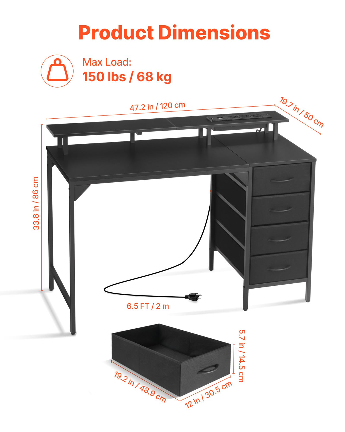 VEVOR 47" Computer Desk with LED Lights & Power Outlets, Gaming Table with 4 Large Drawers, Office Desk with Monitor Stand, Study Work Home Office, Small Spaces, Black - GDJXBGZDCTK4FT2B6001V1 - view 4