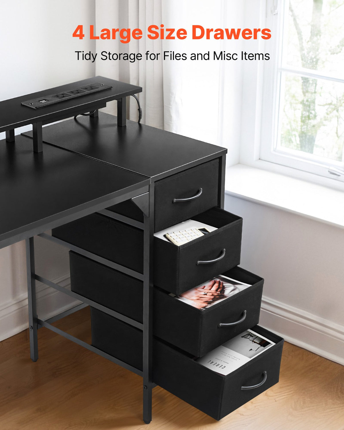 VEVOR 47" Computer Desk with LED Lights & Power Outlets, Gaming Table with 4 Large Drawers, Office Desk with Monitor Stand, Study Work Home Office, Small Spaces, Black - GDJXBGZDCTK4FT2B6001V1 - view 7