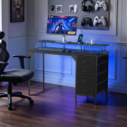 VEVOR 47" Computer Desk with LED Lights & Power Outlets, Gaming Table with 4 Large Drawers, Office Desk with Monitor Stand, Study Work Home Office, Small Spaces, Black - GDJXBGZDCTK4FT2B6001V1 - view 9