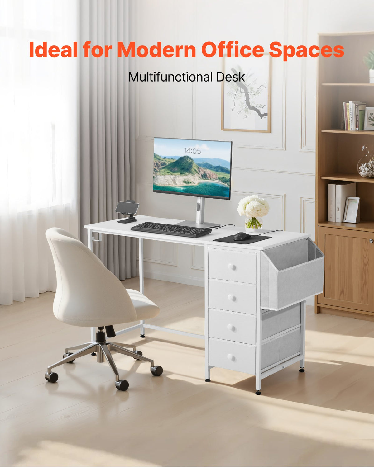 VEVOR Computer Desk with Fabric Drawers, 47 Inch Reversible Study Work Writing Desk for Modern Home Office Bedroom, Simple Modern Cute PC Table Metal Frame Business Furniture, White - GDJXBGZDCTK4S4EXT001V0 - view 3