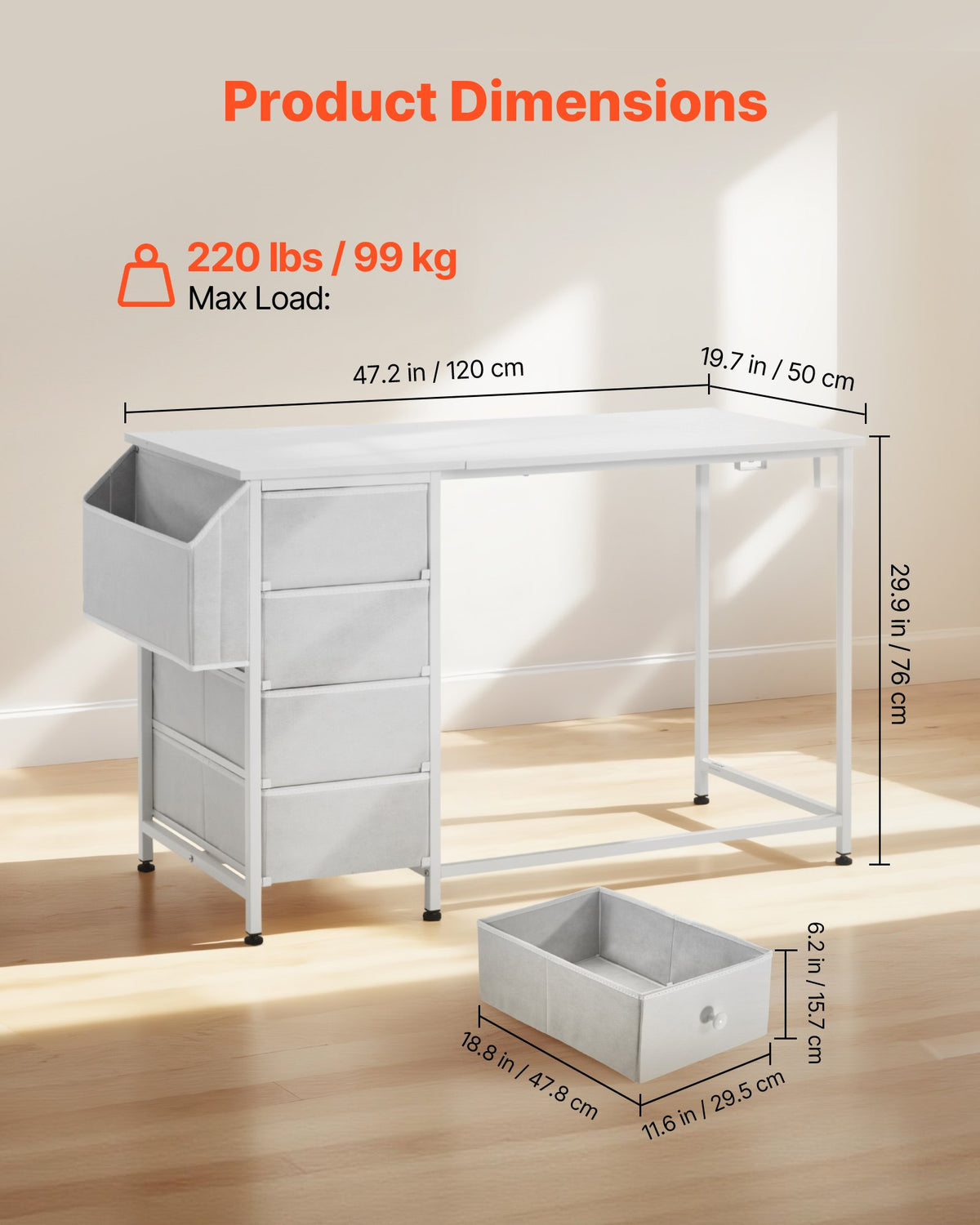 VEVOR Computer Desk with Fabric Drawers, 47 Inch Reversible Study Work Writing Desk for Modern Home Office Bedroom, Simple Modern Cute PC Table Metal Frame Business Furniture, White - GDJXBGZDCTK4S4EXT001V0 - view 4