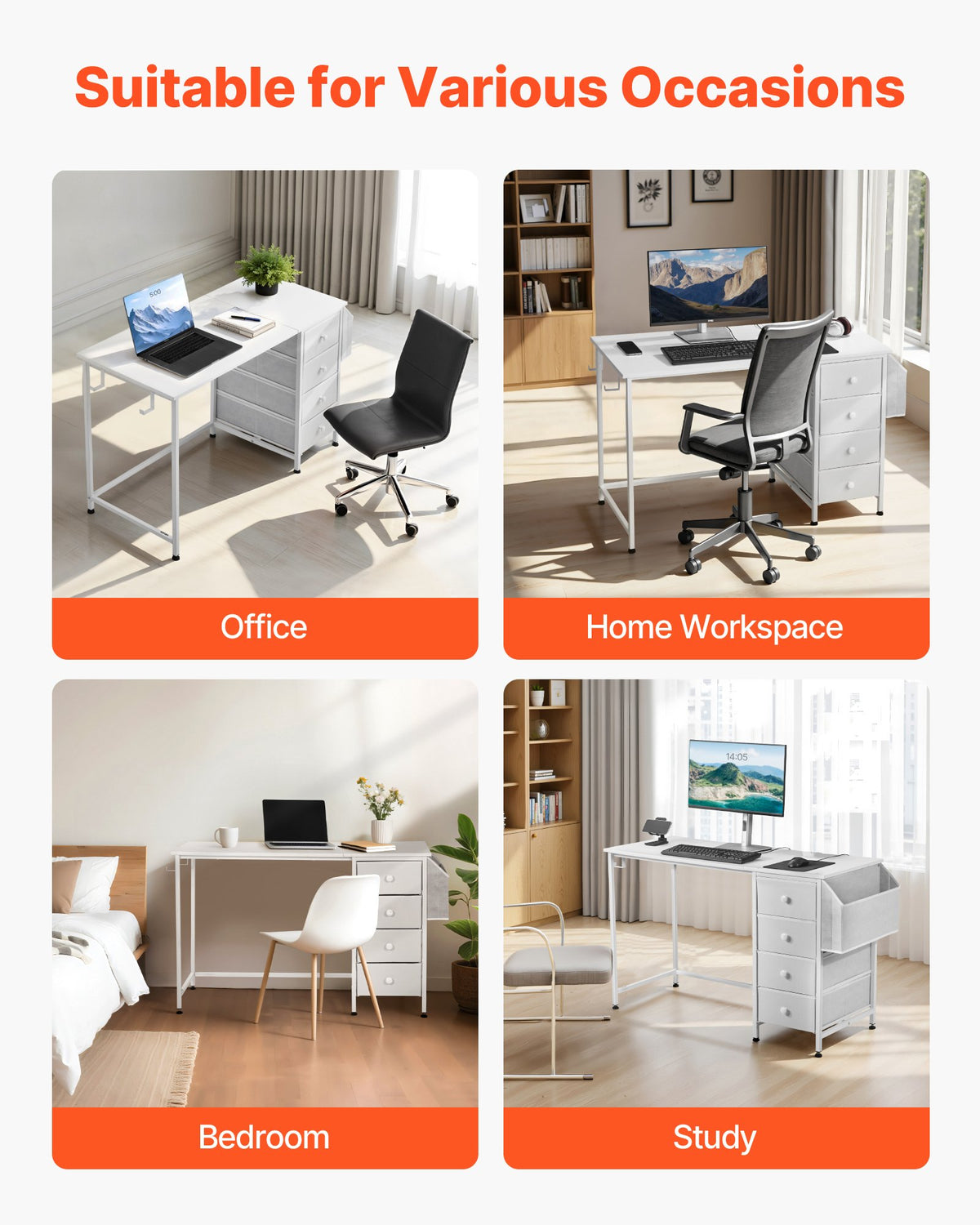 VEVOR Computer Desk with Fabric Drawers, 47 Inch Reversible Study Work Writing Desk for Modern Home Office Bedroom, Simple Modern Cute PC Table Metal Frame Business Furniture, White - GDJXBGZDCTK4S4EXT001V0 - view 8