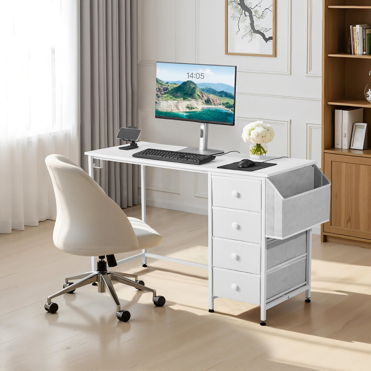 VEVOR Computer Desk with Fabric Drawers, 47 Inch Reversible Study Work Writing Desk for Modern Home Office Bedroom, Simple Modern Cute PC Table Metal Frame Business Furniture, White - GDJXBGZDCTK4S4EXT001V0 - view 9
