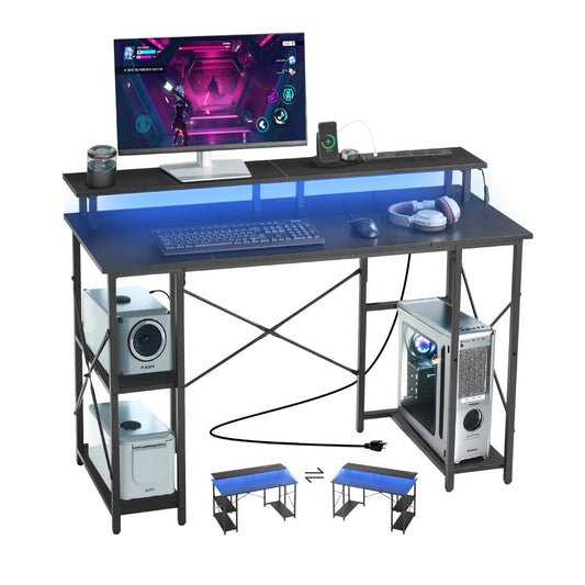 VEVOR 47" Gaming Desk with LED Lights & Power Outlets, Computer Desk with Monitor Stand & 2-Tier Storage Sheves,  Study Work for Home Office, Black - GDJXBGZDZJZJPINRG001V1 - view 1