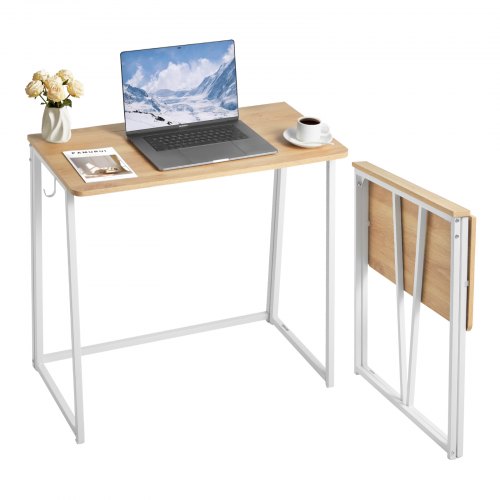 VEVOR Folding Desk, 31.5" Foldable Table for Small Spaces with Storage Hooks, Space Saving Computer Table, Writing Workstation for Home Office, Easy Assembly, Oak - GDJXBGZJYK31F44E9001V0 - view 2