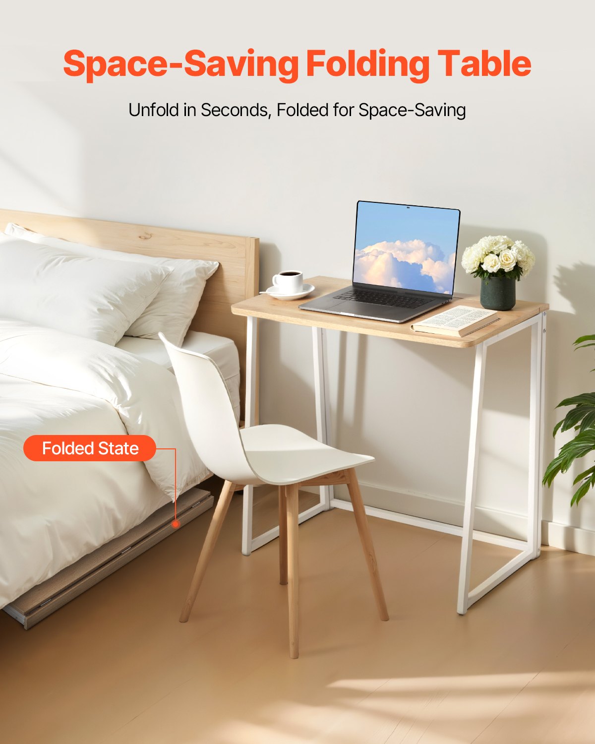 VEVOR Folding Desk, 31.5" Foldable Table for Small Spaces with Storage Hooks, Space Saving Computer Table, Writing Workstation for Home Office, Easy Assembly, Oak - GDJXBGZJYK31F44E9001V0 - view 3