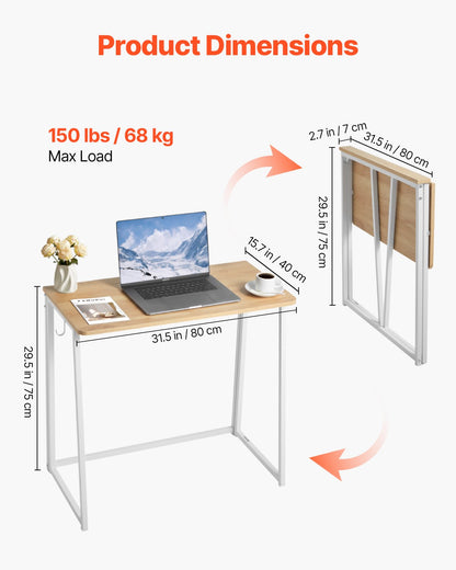 VEVOR Folding Desk, 31.5" Foldable Table for Small Spaces with Storage Hooks, Space Saving Computer Table, Writing Workstation for Home Office, Easy Assembly, Oak - GDJXBGZJYK31F44E9001V0 - view 4