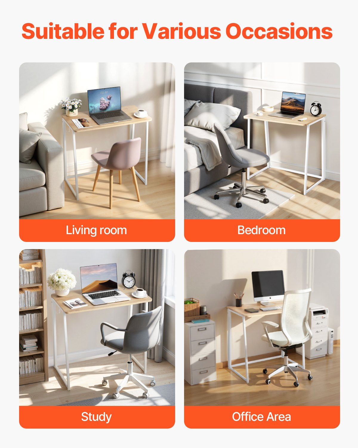 VEVOR Folding Desk, 31.5" Foldable Table for Small Spaces with Storage Hooks, Space Saving Computer Table, Writing Workstation for Home Office, Easy Assembly, Oak - GDJXBGZJYK31F44E9001V0 - view 8