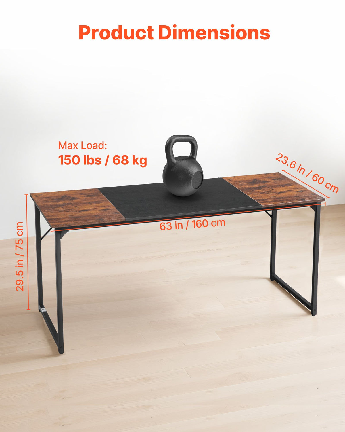 VEVOR Computer Desk, 63 Inch Office Gaming Desk for Home Office, Writing Study Work Modern Simple Table with Metal Frame for Large Legroom, Rustic Brown and Black - GDJXBGZJYK63FSQPC001V0 - view 4