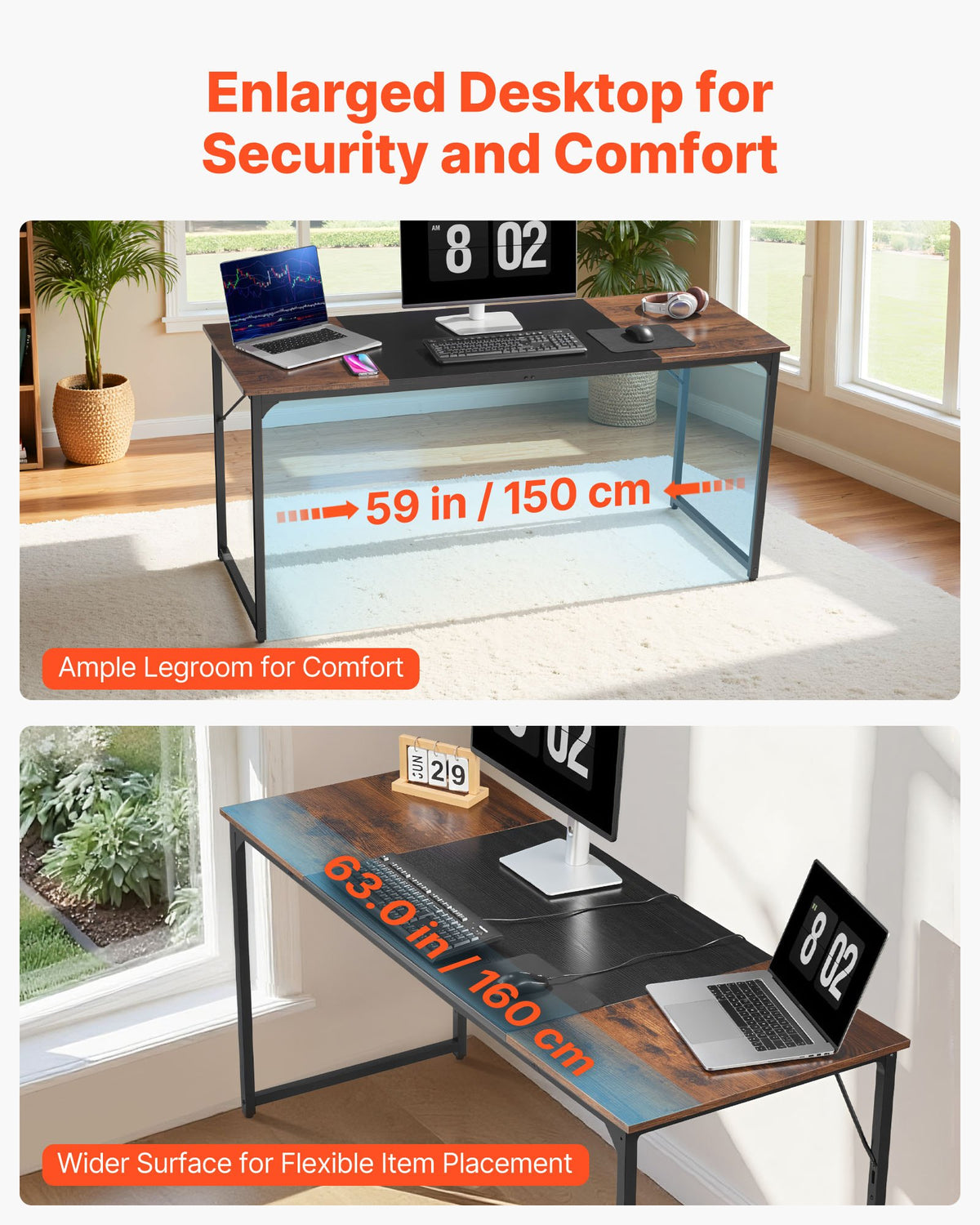 VEVOR Computer Desk, 63 Inch Office Gaming Desk for Home Office, Writing Study Work Modern Simple Table with Metal Frame for Large Legroom, Rustic Brown and Black - GDJXBGZJYK63FSQPC001V0 - view 5