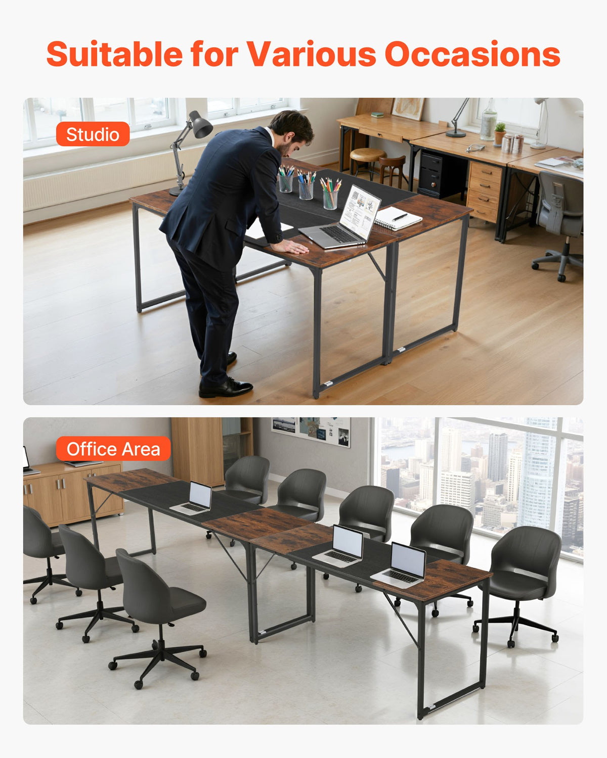 VEVOR Computer Desk, 63 Inch Office Gaming Desk for Home Office, Writing Study Work Modern Simple Table with Metal Frame for Large Legroom, Rustic Brown and Black - GDJXBGZJYK63FSQPC001V0 - view 8
