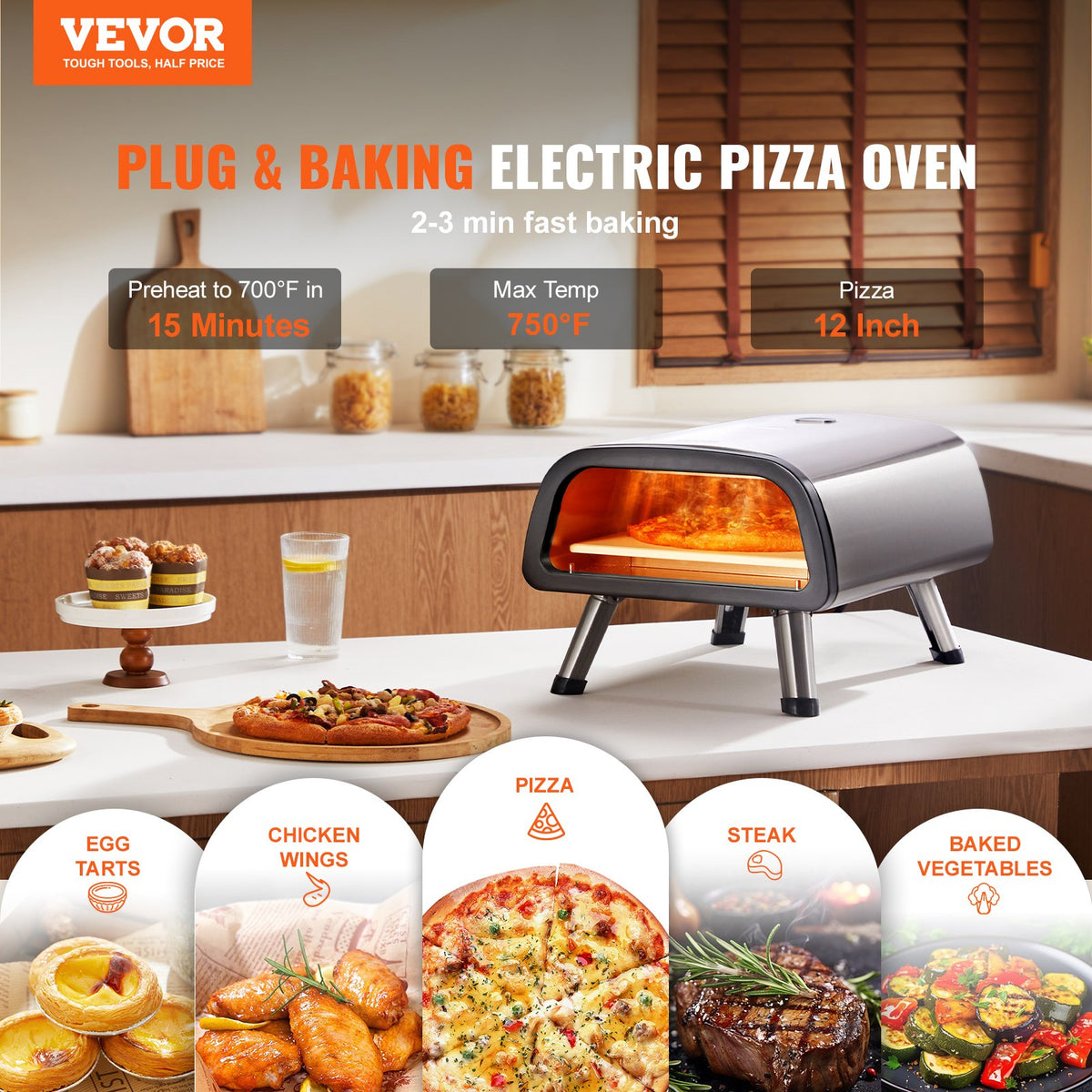 VEVOR 12" Electric Pizza Oven Countertop, Stainless Steel Pizza Maker Machine with Pizza Stone and Spatula, Heats up to 850°F, Multipurpose Indoor & Outdoor Pizza Cooker for Restaurant Home Camping - GDKTMSDPSLDC999SEV1 - view 3