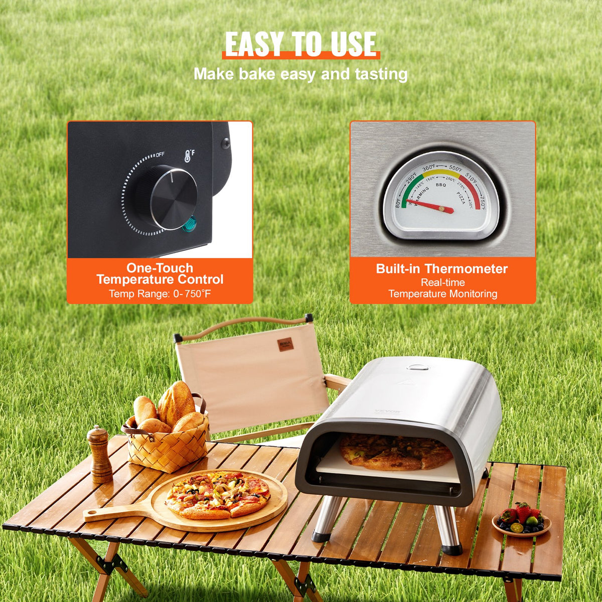 VEVOR 12" Electric Pizza Oven Countertop, Stainless Steel Pizza Maker Machine with Pizza Stone and Spatula, Heats up to 850°F, Multipurpose Indoor & Outdoor Pizza Cooker for Restaurant Home Camping - GDKTMSDPSLDC999SEV1 - view 5