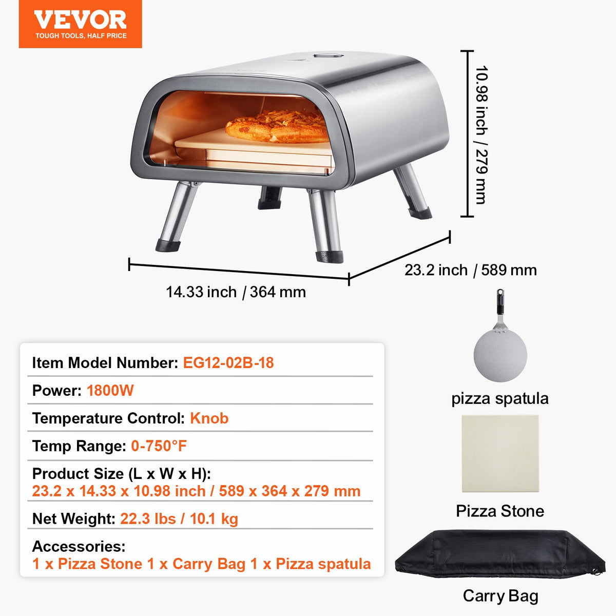 VEVOR 12" Electric Pizza Oven Countertop, Stainless Steel Pizza Maker Machine with Pizza Stone and Spatula, Heats up to 850°F, Multipurpose Indoor & Outdoor Pizza Cooker for Restaurant Home Camping - GDKTMSDPSLDC999SEV1 - view 8