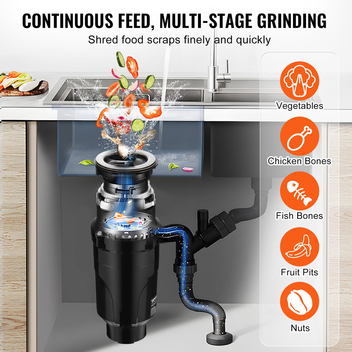 VEVOR Garbage Disposal, 1/2HP 3450RPM Continuous Feed Food Waste Disposer, EZ Connect Food Waste Grinding System with Power Cord & Splash Guard for Kitchen Sinks - GDLJCLQ12HPZ5NZBIV1 - view 4
