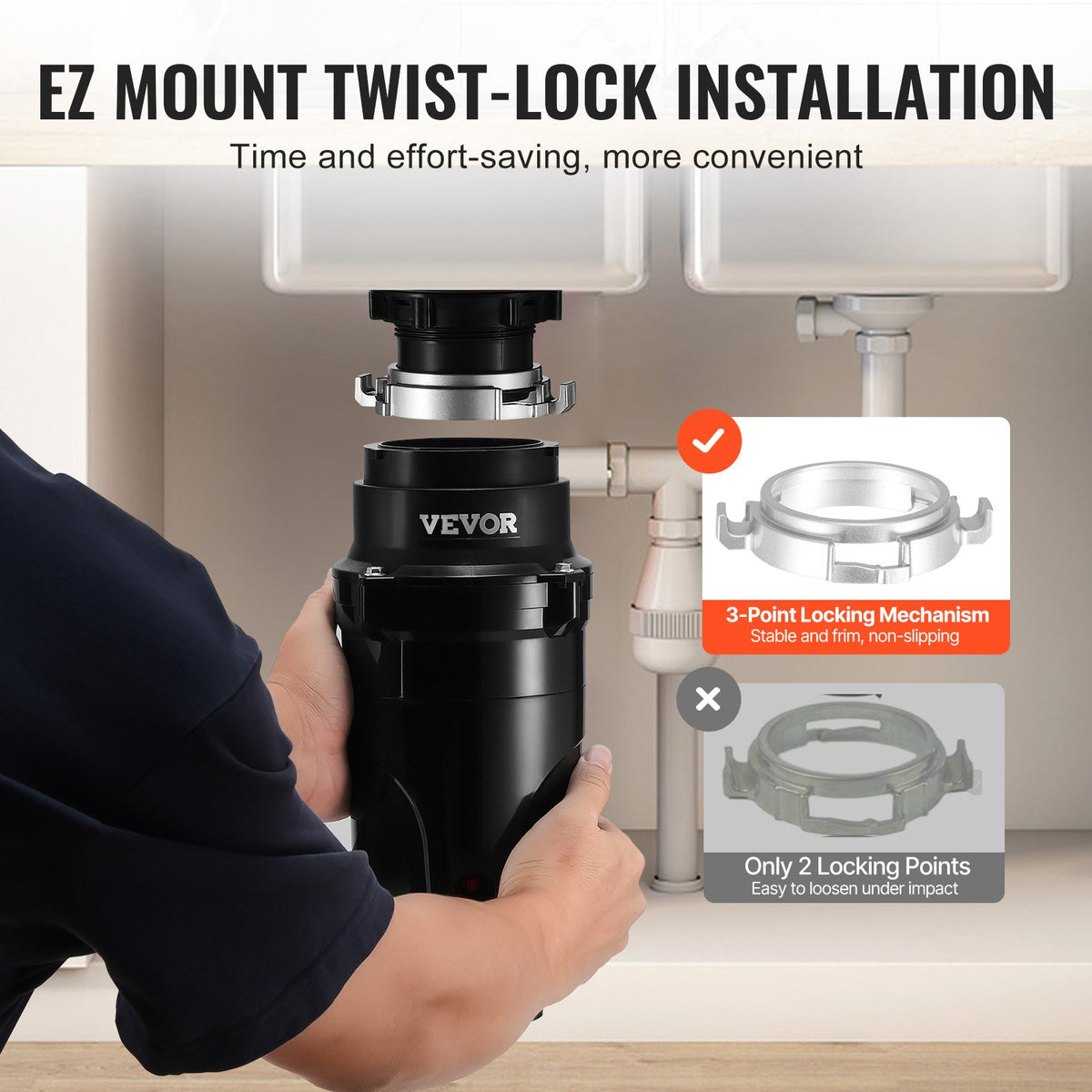 VEVOR Garbage Disposal, 1/2HP 3450RPM Continuous Feed Food Waste Disposer, EZ Connect Food Waste Grinding System with Power Cord & Splash Guard for Kitchen Sinks - GDLJCLQ12HPZ5NZBIV1 - view 6