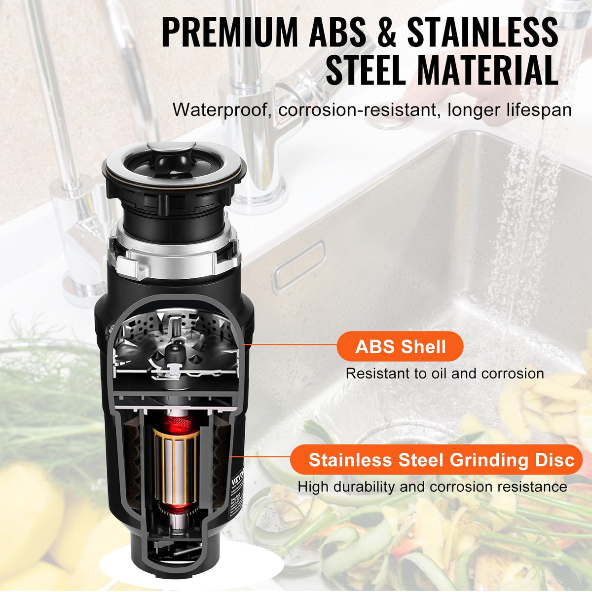 VEVOR Garbage Disposal, 1/2HP 3450RPM Continuous Feed Food Waste Disposer, EZ Connect Food Waste Grinding System with Power Cord & Splash Guard for Kitchen Sinks - GDLJCLQ12HPZ5NZBIV1 - view 7