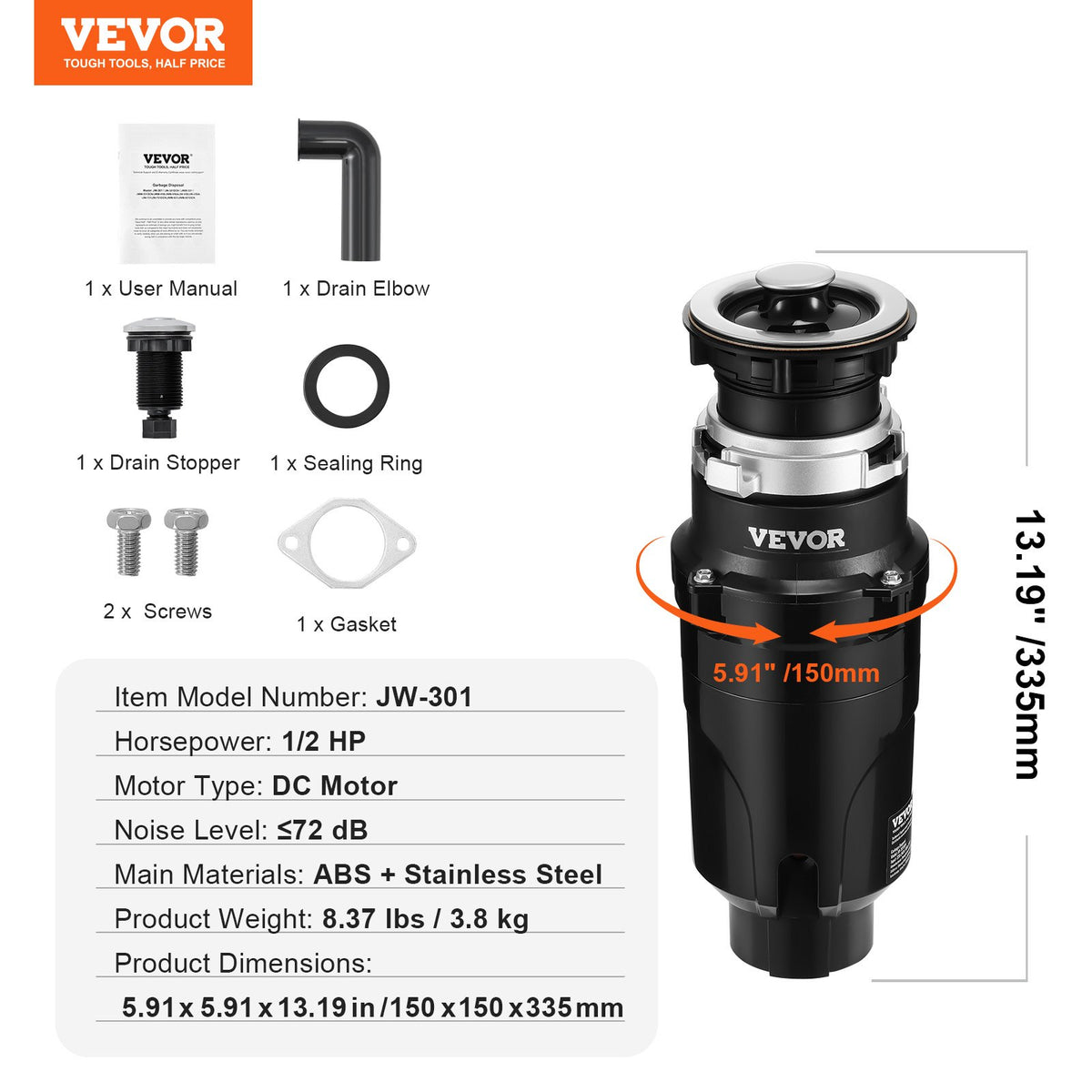 VEVOR Garbage Disposal, 1/2HP 3450RPM Continuous Feed Food Waste Disposer, EZ Connect Food Waste Grinding System with Power Cord & Splash Guard for Kitchen Sinks - GDLJCLQ12HPZ5NZBIV1 - view 8