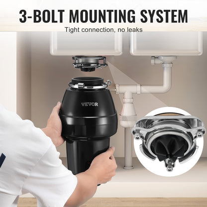 VEVOR Garbage Disposal, 1/2 HP 3450RPM Continuous Feed Food Waste Disposer, 3-Bolt Mount Food Waste Grinding System with Sound Reduction, Power Cord & Splash Guard for Kitchen Sinks - GDLJCLQ12HPZU2ME7V1 - view 6