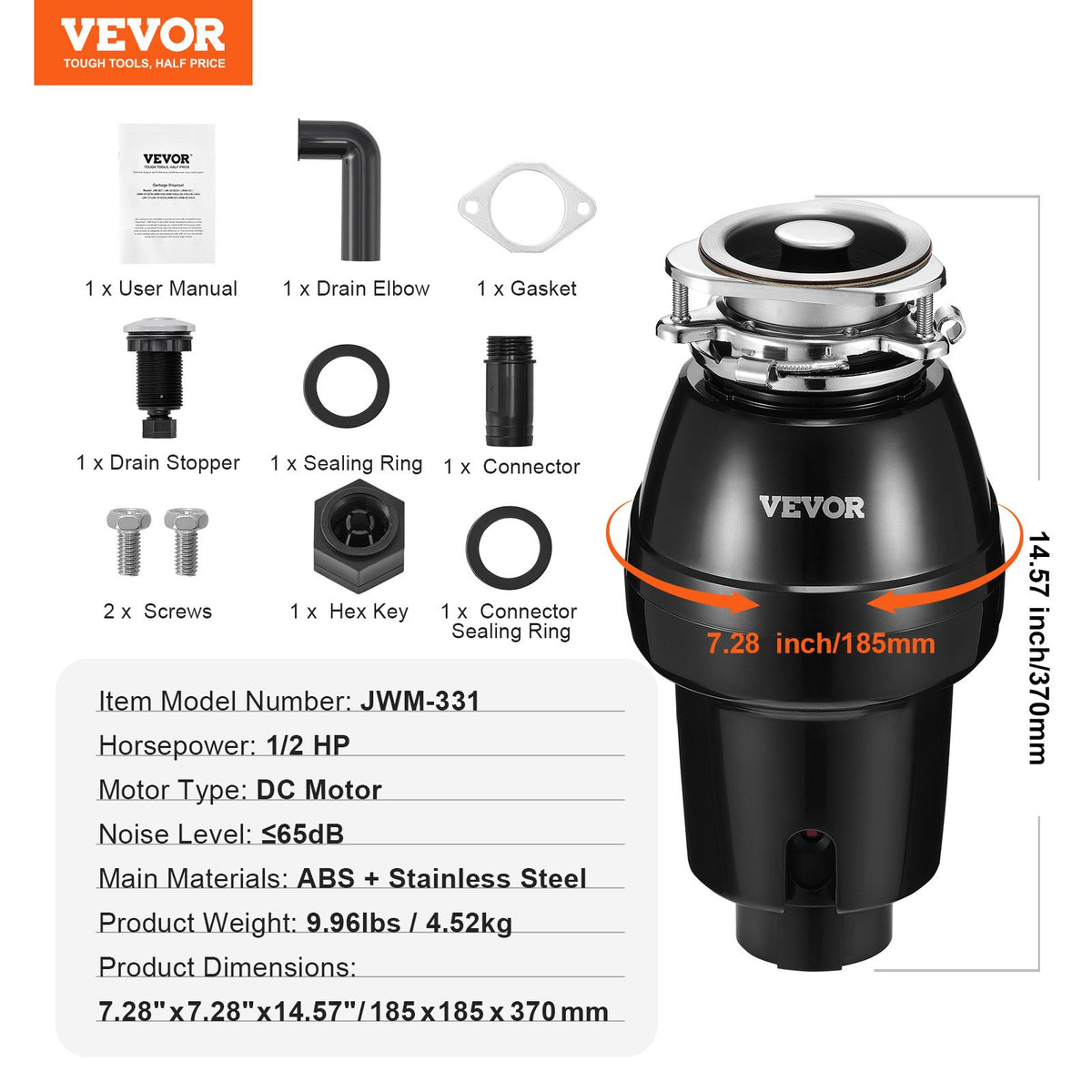 VEVOR Garbage Disposal, 1/2 HP 3450RPM Continuous Feed Food Waste Disposer, 3-Bolt Mount Food Waste Grinding System with Sound Reduction, Power Cord & Splash Guard for Kitchen Sinks - GDLJCLQ12HPZU2ME7V1 - view 8