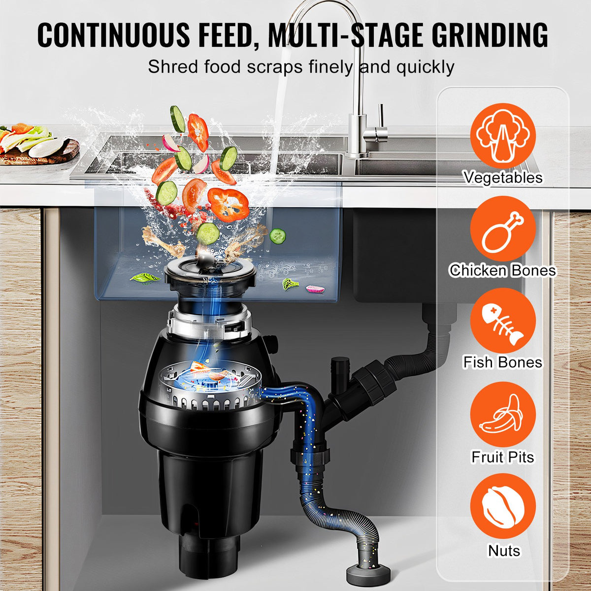 VEVOR Garbage Disposal, 3/4HP 3250RPM Continuous Feed Food Waste Disposer, EZ Connect Food Waste Grinding System with Sound Reduction, Power Cord & Splash Guard for Kitchen Sinks - GDLJCLQ34HPZ3F8YUV1 - view 4