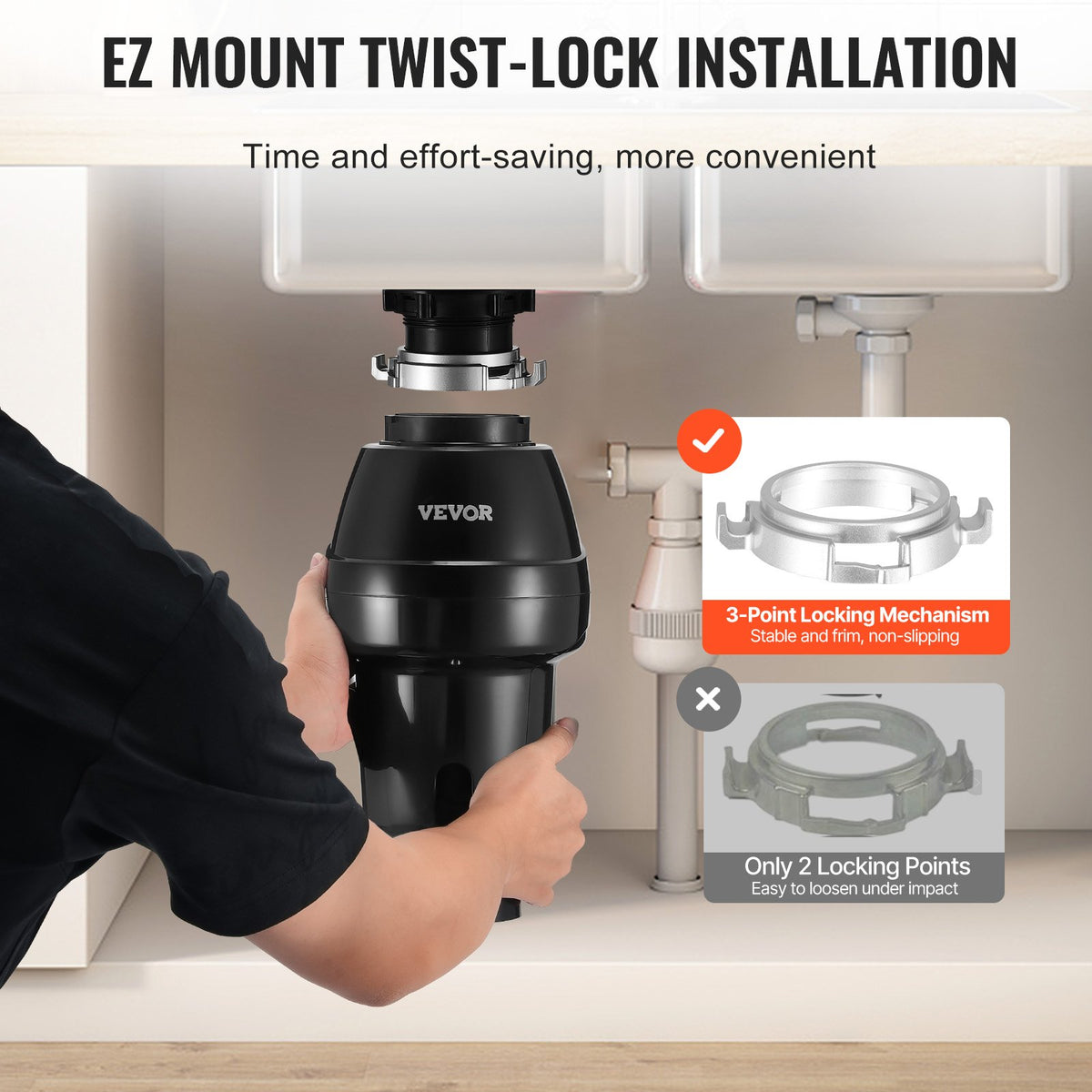 VEVOR Garbage Disposal, 3/4HP 3250RPM Continuous Feed Food Waste Disposer, EZ Connect Food Waste Grinding System with Sound Reduction, Power Cord & Splash Guard for Kitchen Sinks - GDLJCLQ34HPZ3F8YUV1 - view 6
