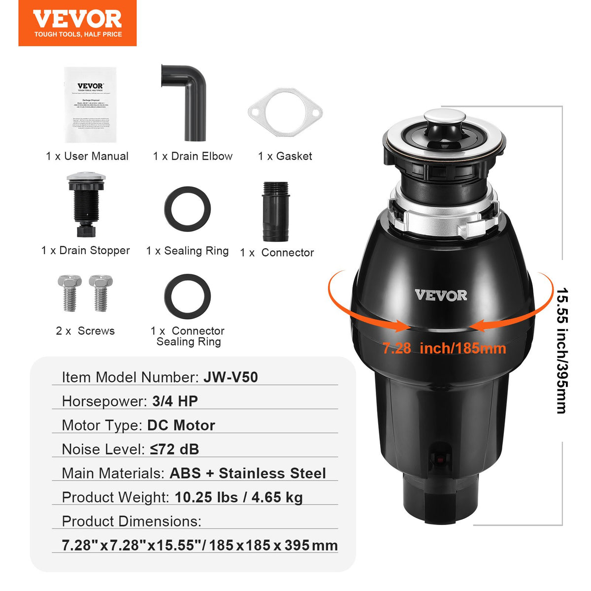 VEVOR Garbage Disposal, 3/4HP 3250RPM Continuous Feed Food Waste Disposer, EZ Connect Food Waste Grinding System with Sound Reduction, Power Cord & Splash Guard for Kitchen Sinks - GDLJCLQ34HPZ3F8YUV1 - view 8