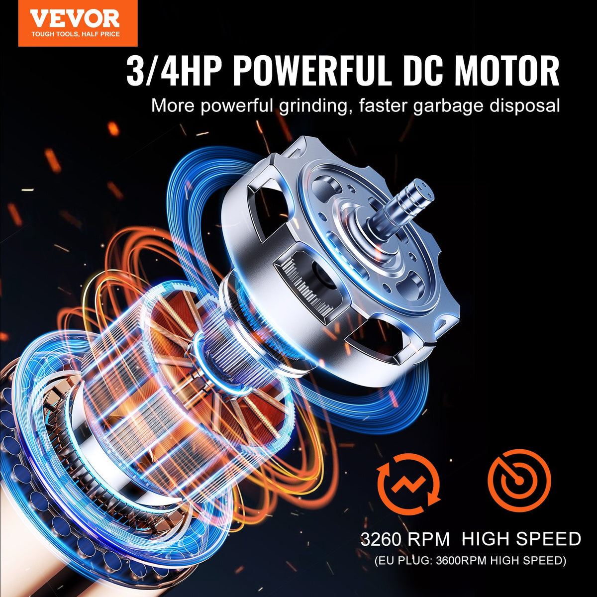 VEVOR Garbage Disposal, 3/4 HP 3260RPM Continuous Feed Food Waste Disposer, 3-Bolt Mount Food Waste Grinding System with Sound Reduction, Power Cord & Splash Guard for Kitchen Sinks - GDLJCLQ34HPZKBEE1V1 - view 3