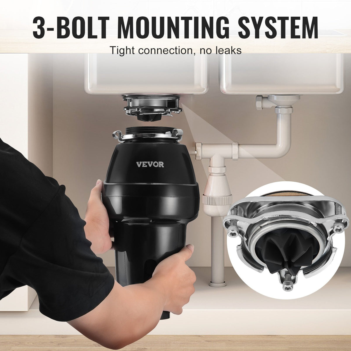 VEVOR Garbage Disposal, 3/4 HP 3260RPM Continuous Feed Food Waste Disposer, 3-Bolt Mount Food Waste Grinding System with Sound Reduction, Power Cord & Splash Guard for Kitchen Sinks - GDLJCLQ34HPZKBEE1V1 - view 6