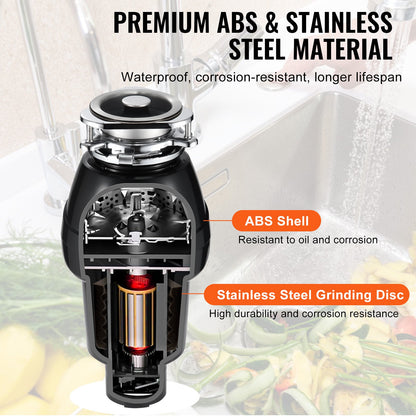 VEVOR Garbage Disposal, 3/4 HP 3260RPM Continuous Feed Food Waste Disposer, 3-Bolt Mount Food Waste Grinding System with Sound Reduction, Power Cord & Splash Guard for Kitchen Sinks - GDLJCLQ34HPZKBEE1V1 - view 7