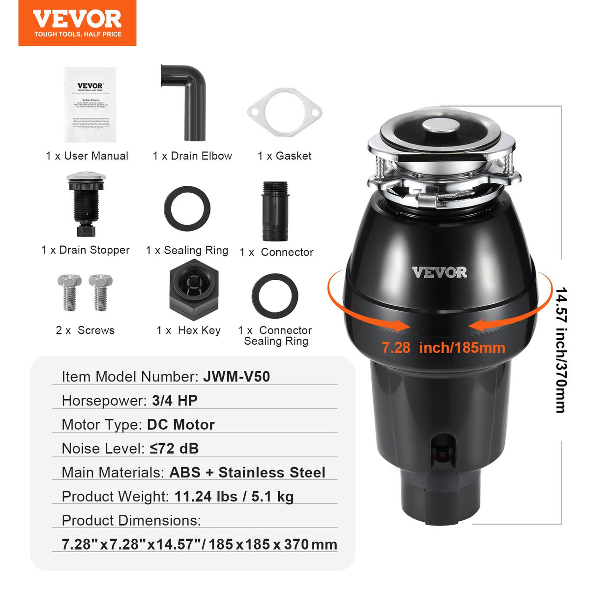 VEVOR Garbage Disposal, 3/4 HP 3260RPM Continuous Feed Food Waste Disposer, 3-Bolt Mount Food Waste Grinding System with Sound Reduction, Power Cord & Splash Guard for Kitchen Sinks - GDLJCLQ34HPZKBEE1V1 - view 8