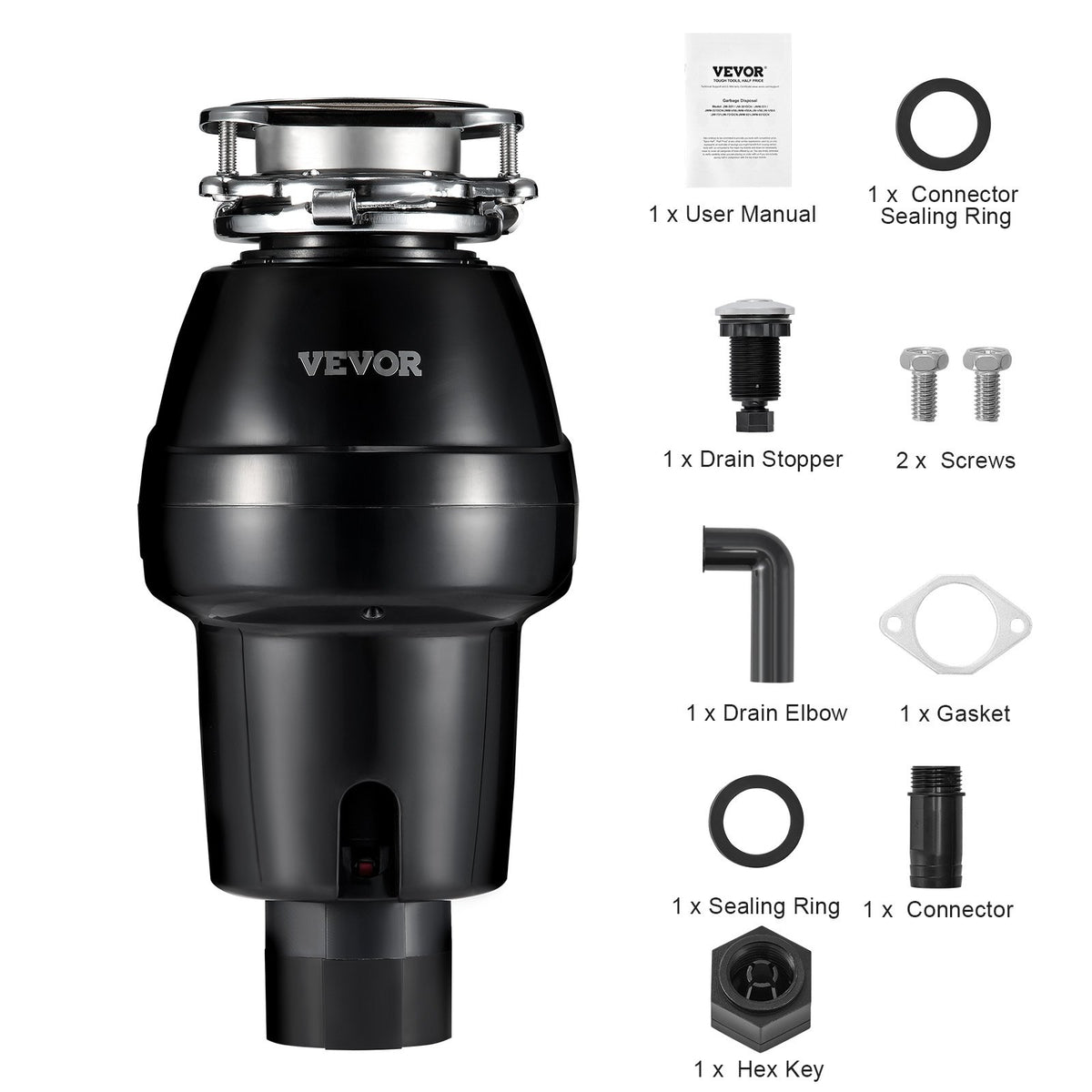 VEVOR Garbage Disposal, 3/4 HP 3260RPM Continuous Feed Food Waste Disposer, 3-Bolt Mount Food Waste Grinding System with Sound Reduction, Power Cord & Splash Guard for Kitchen Sinks - GDLJCLQ34HPZKBEE1V1 - view 10