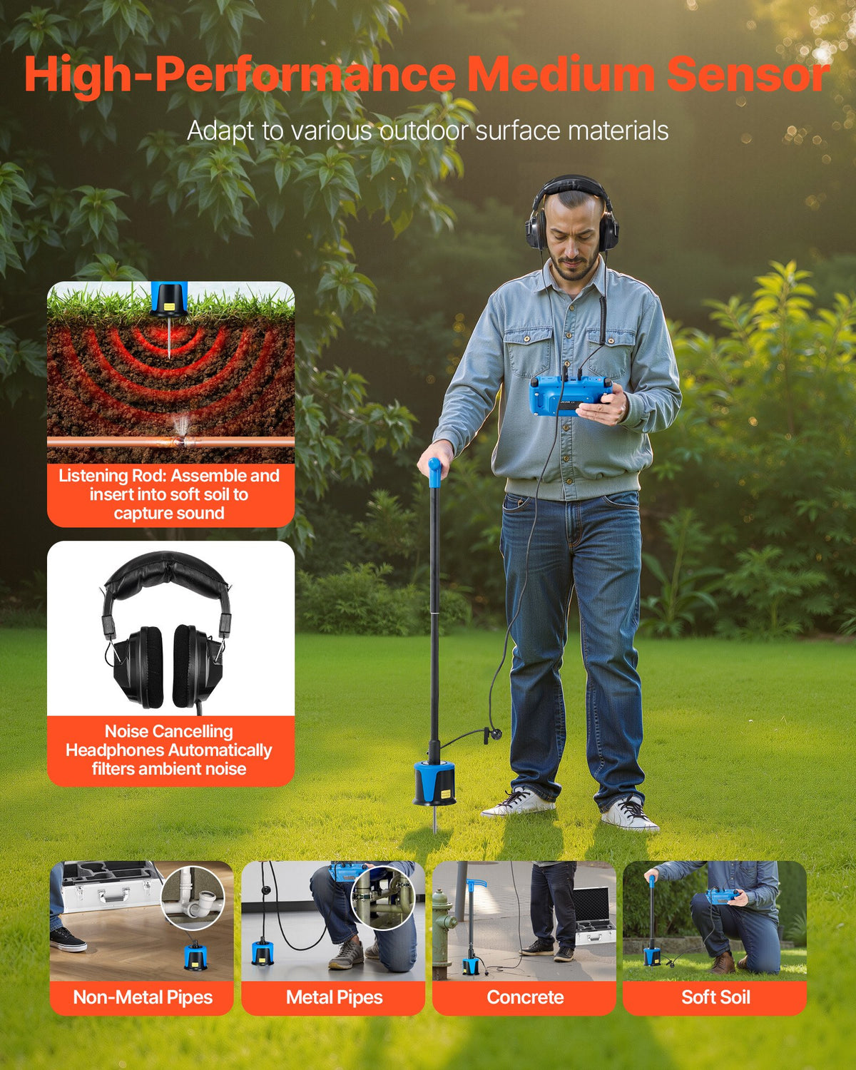 VEVOR Pipe Water Leak Detector for Outdoors, 1Hz-10000Hz, 7" Touchscreen Water Leakage Detection Locator for 16.4FT (5m) Underground Plumbing - with Medium Sensor, 3 Listening Rods, Headphone & Case - GDLSJCDWQGDLHGSVD001V9 - view 5