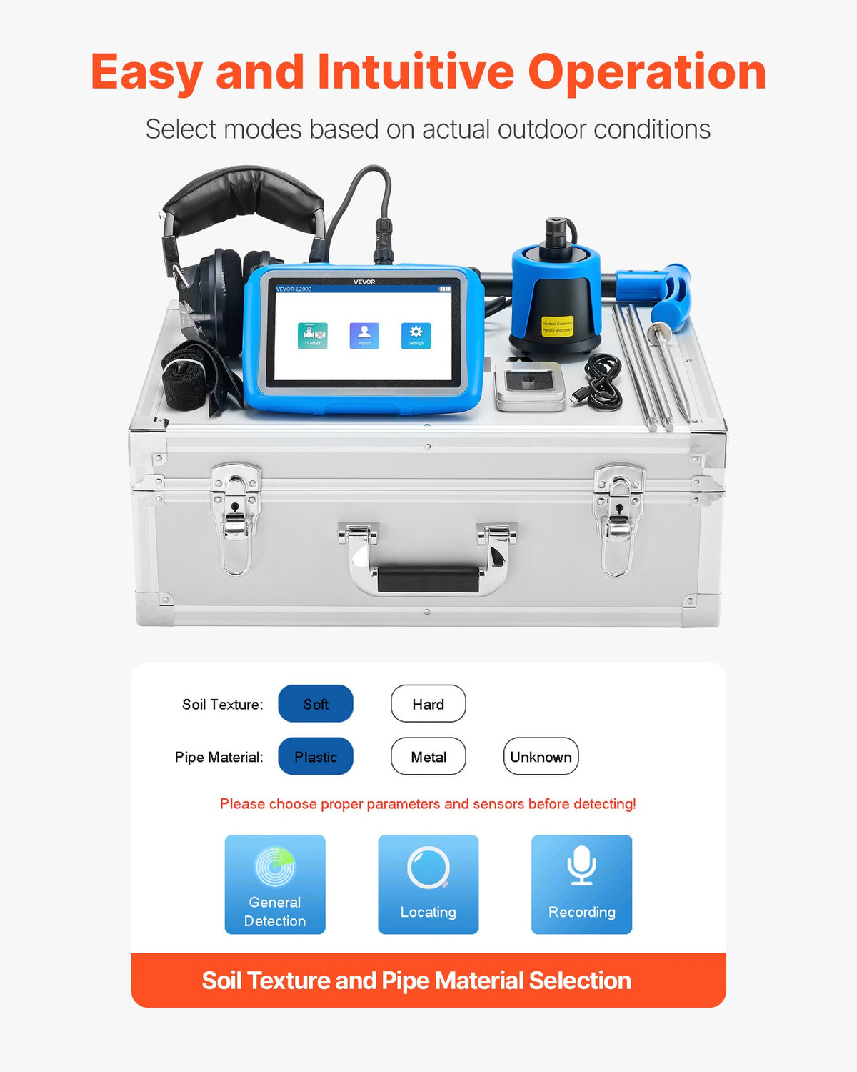 VEVOR Pipe Water Leak Detector for Outdoors, 1Hz-10000Hz, 7" Touchscreen Water Leakage Detection Locator for 16.4FT (5m) Underground Plumbing - with Medium Sensor, 3 Listening Rods, Headphone & Case - GDLSJCDWQGDLHGSVD001V9 - view 6