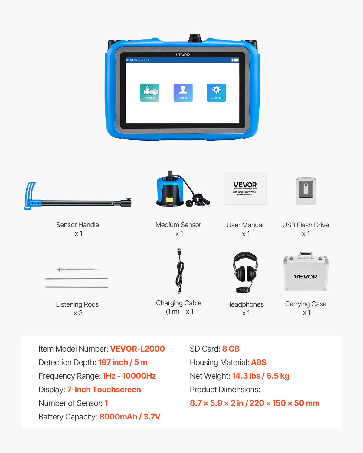 VEVOR Pipe Water Leak Detector for Outdoors, 1Hz-10000Hz, 7" Touchscreen Water Leakage Detection Locator for 16.4FT (5m) Underground Plumbing - with Medium Sensor, 3 Listening Rods, Headphone & Case - GDLSJCDWQGDLHGSVD001V9 - view 8