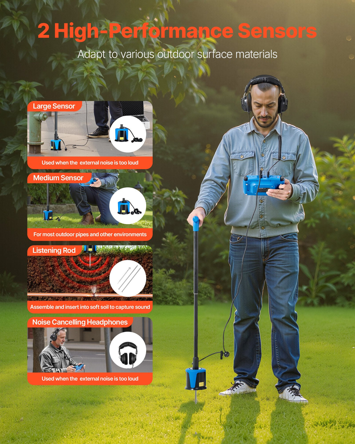 VEVOR Pipe Water Leak Detector for Outdoors, 1Hz-10000Hz, 7" Touchscreen Leakage Detection Locator for 16.4FT (5m) Underground Plumbing - with Medium & Large Sensor, 3 Listening Rods, Headphone & Case - GDLSJCDWQGDLTJHH3001V9 - view 5